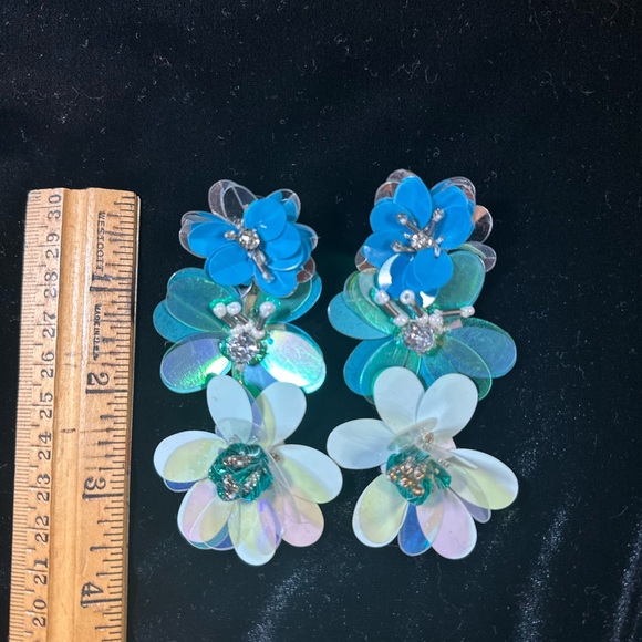 Floral Blue and Green Iridescent Paillette Dangle Earrings - Picture 3 of 4